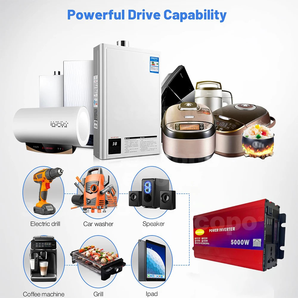Heavy-Duty Dual Voltage Inverter 5000W 12V/24V/48V/60V/72V to 220V with LCD Display USB Charging and Comprehensive Protection