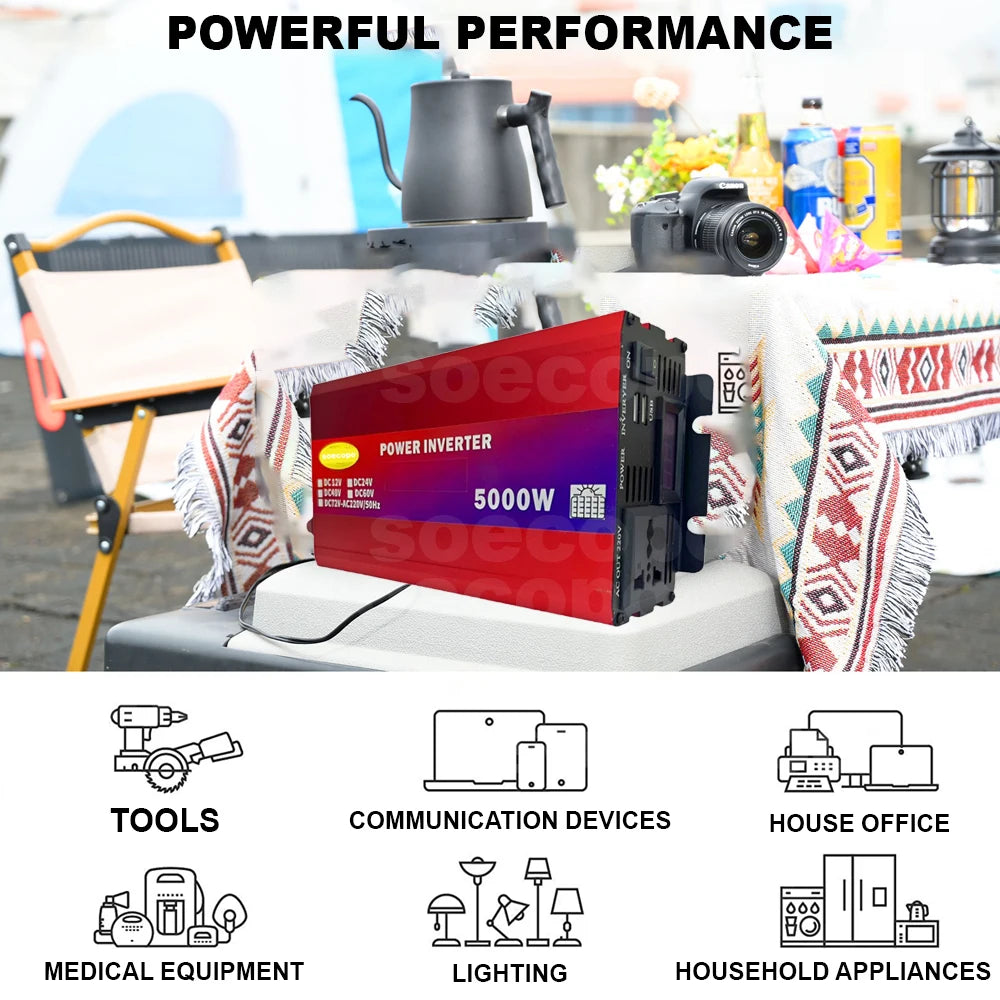 Heavy-Duty Dual Voltage Inverter 5000W 12V/24V/48V/60V/72V to 220V with LCD Display USB Charging and Comprehensive Protection