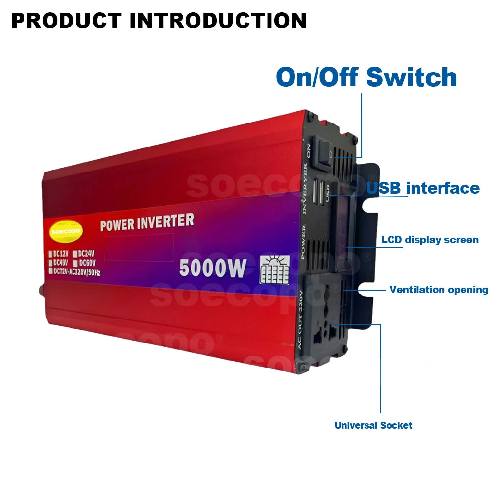 Heavy-Duty Dual Voltage Inverter 5000W 12V/24V/48V/60V/72V to 220V with LCD Display USB Charging and Comprehensive Protection