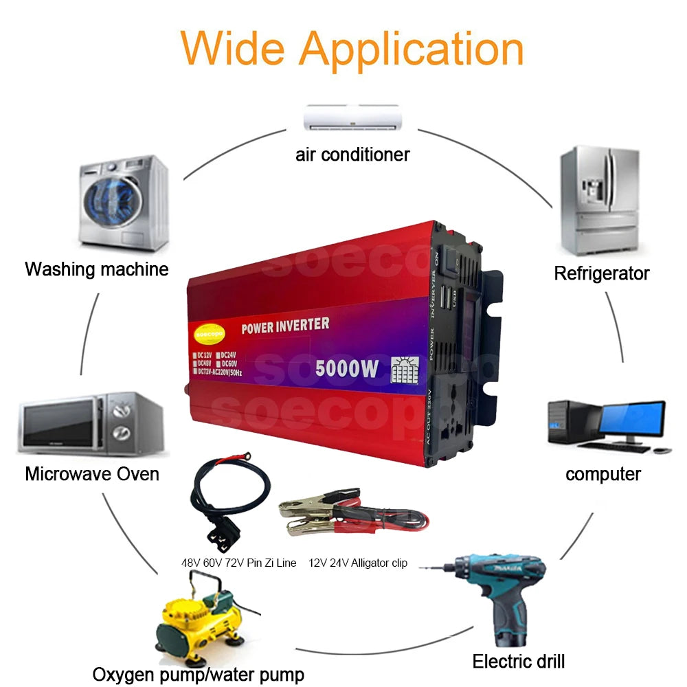 Heavy-Duty Dual Voltage Inverter 5000W 12V/24V/48V/60V/72V to 220V with LCD Display USB Charging and Comprehensive Protection
