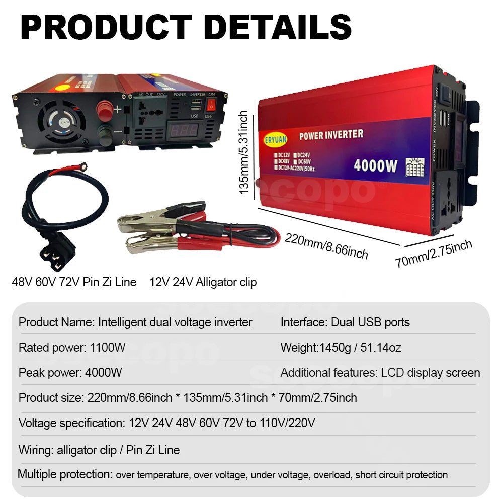 Heavy-Duty Dual Voltage Inverter 5000W 12V/24V/48V/60V/72V to 220V with LCD Display USB Charging and Comprehensive Protection