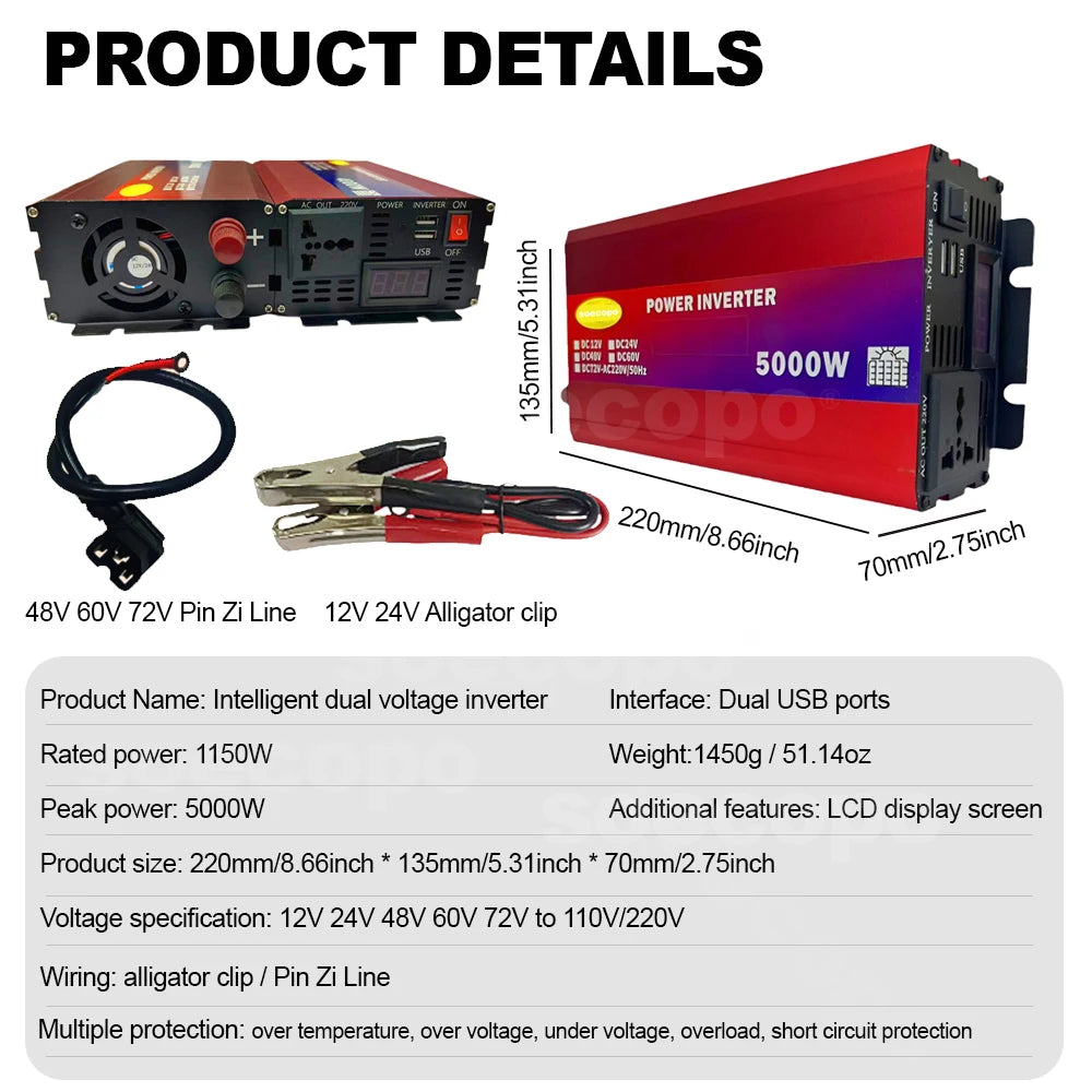 Heavy-Duty Dual Voltage Inverter 5000W 12V/24V/48V/60V/72V to 220V with LCD Display USB Charging and Comprehensive Protection