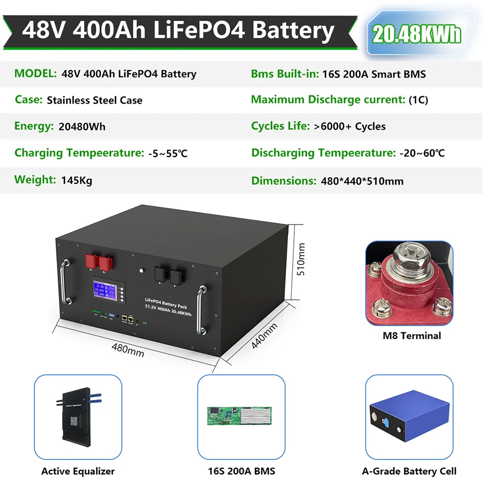LiFePO4 Battery 48V 400Ah 20Kwh 100Ah 150Ah 200Ah Lithium Battery Pack 6000 Cycles Bluetooth BMS RS485 CAN Low Price EU PL STOCK