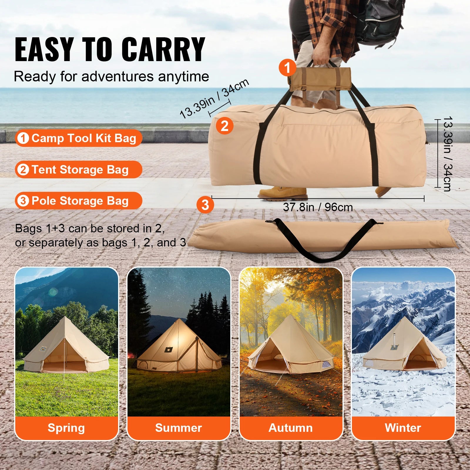SucceBuy Canvas Bell Tent 4 Seasons 3/4/5/6/7m Yurt Tent Canvas Tent for Camping with Stove Breathable Tent