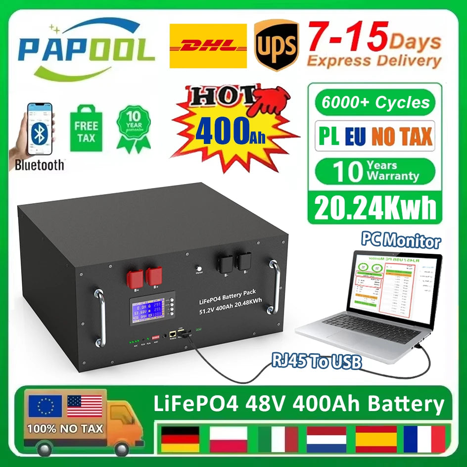LiFePO4 Battery 48V 400Ah 20Kwh 100Ah 150Ah 200Ah Lithium Battery Pack 6000 Cycles Bluetooth BMS RS485 CAN Low Price EU PL STOCK