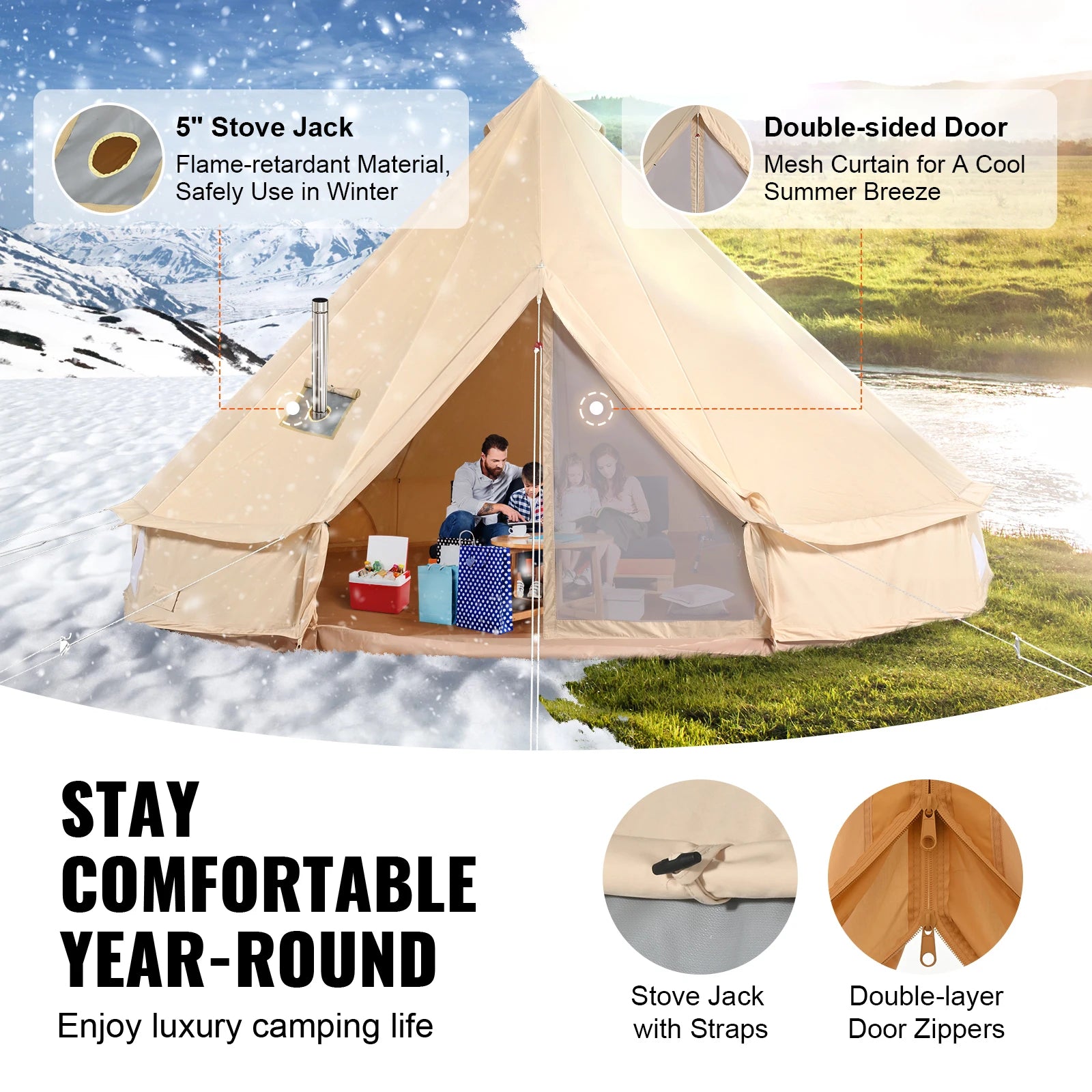 SucceBuy Canvas Bell Tent 4 Seasons 3/4/5/6/7m Yurt Tent Canvas Tent for Camping with Stove Breathable Tent