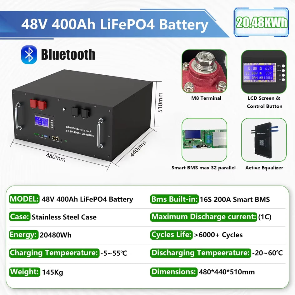 LiFePO4 Battery 48V 400Ah 20Kwh 100Ah 150Ah 200Ah Lithium Battery Pack 6000 Cycles Bluetooth BMS RS485 CAN Low Price EU PL STOCK