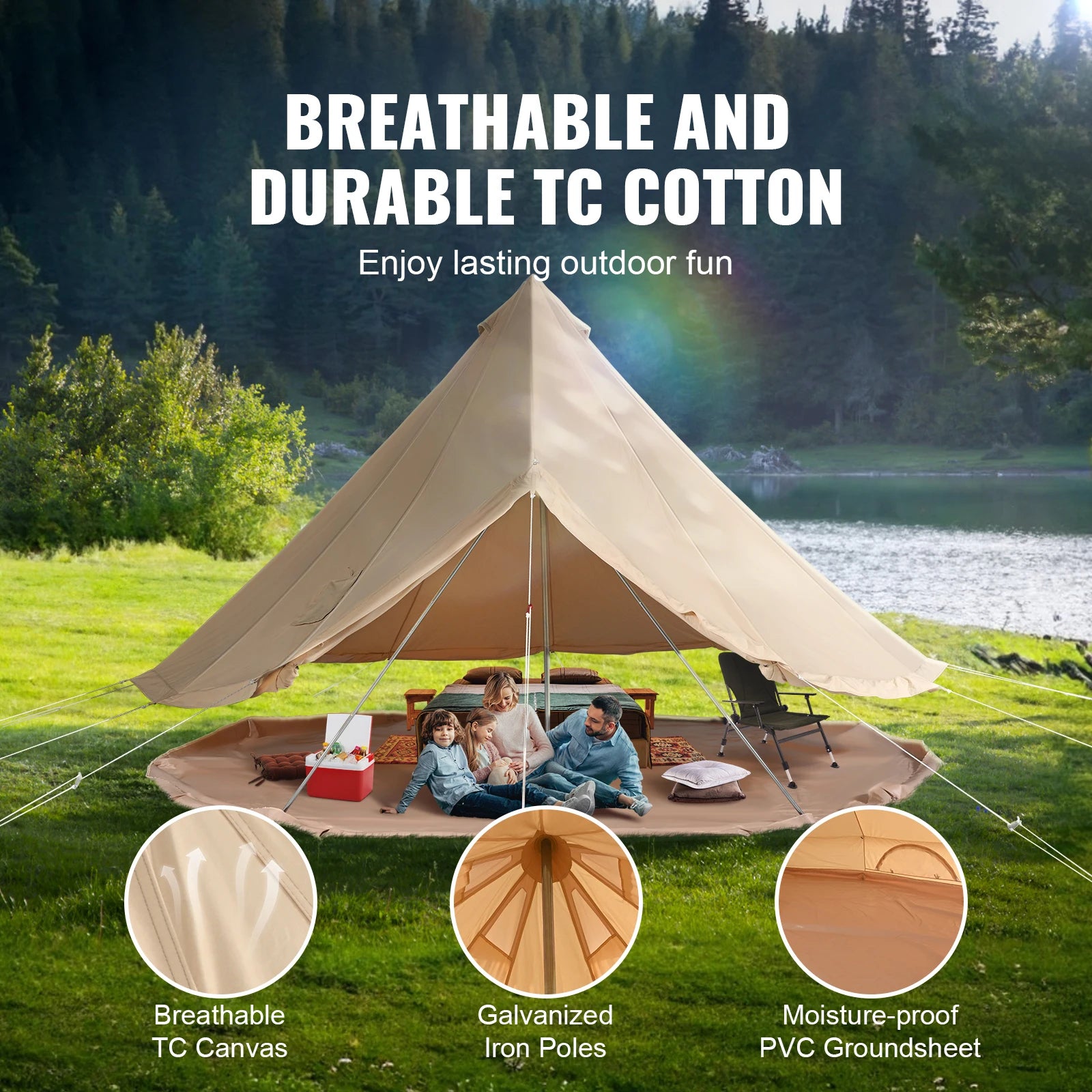 SucceBuy Canvas Bell Tent 4 Seasons 3/4/5/6/7m Yurt Tent Canvas Tent for Camping with Stove Breathable Tent