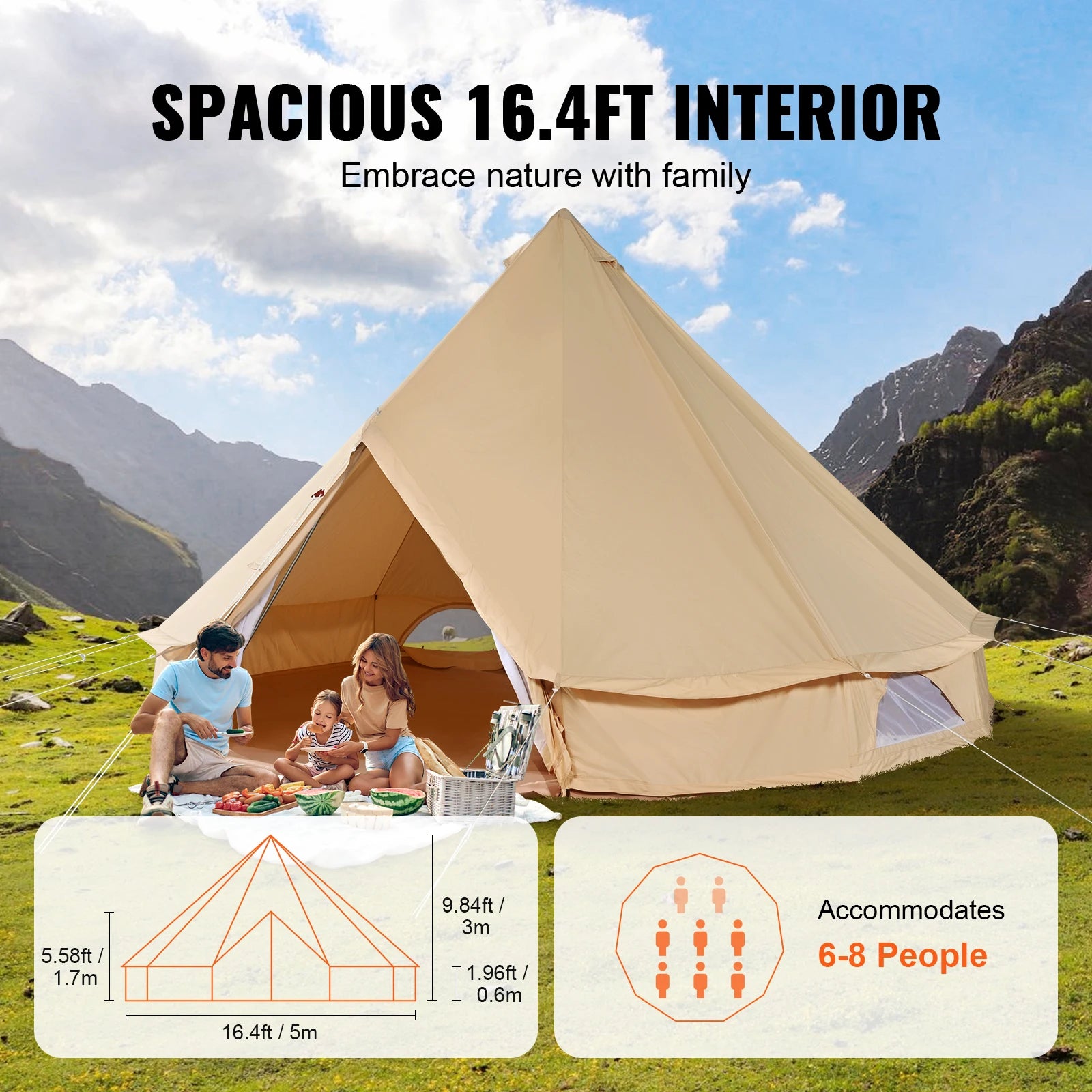 SucceBuy Canvas Bell Tent 4 Seasons 3/4/5/6/7m Yurt Tent Canvas Tent for Camping with Stove Breathable Tent