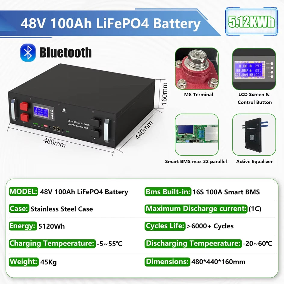 LiFePO4 Battery 48V 400Ah 20Kwh 100Ah 150Ah 200Ah Lithium Battery Pack 6000 Cycles Bluetooth BMS RS485 CAN Low Price EU PL STOCK