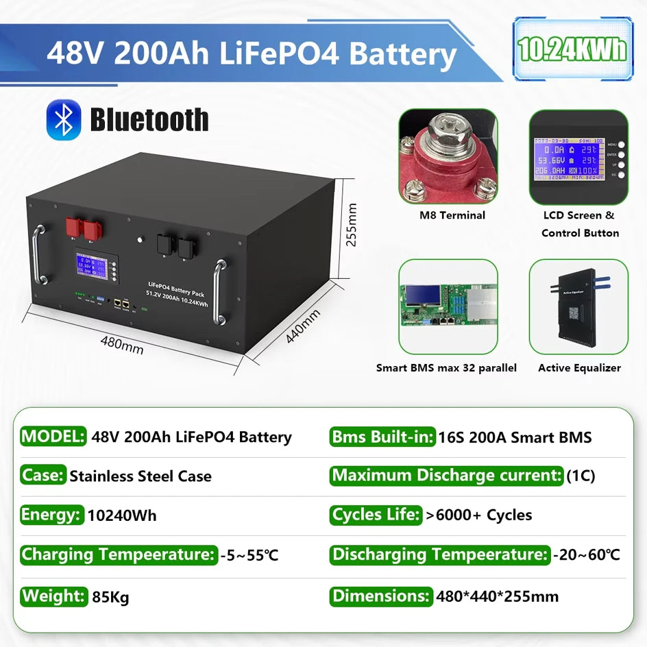 LiFePO4 Battery 48V 400Ah 20Kwh 100Ah 150Ah 200Ah Lithium Battery Pack 6000 Cycles Bluetooth BMS RS485 CAN Low Price EU PL STOCK